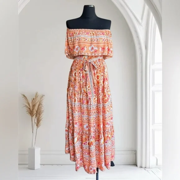 Off the Shoulder Floral Orange Maxi Dress NWT - Picture 1 of 10